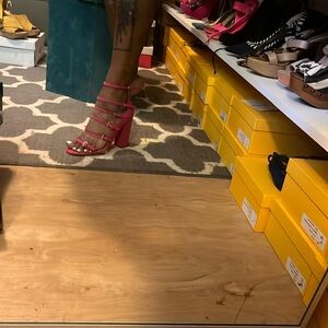 Shoedazzle Seidy Pink Buckle Block Heels